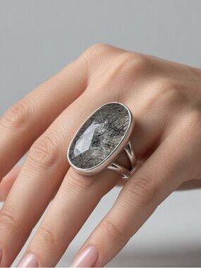 925 Sterling Silver Black Rutilated Quartz Ring, SIZE: US :7